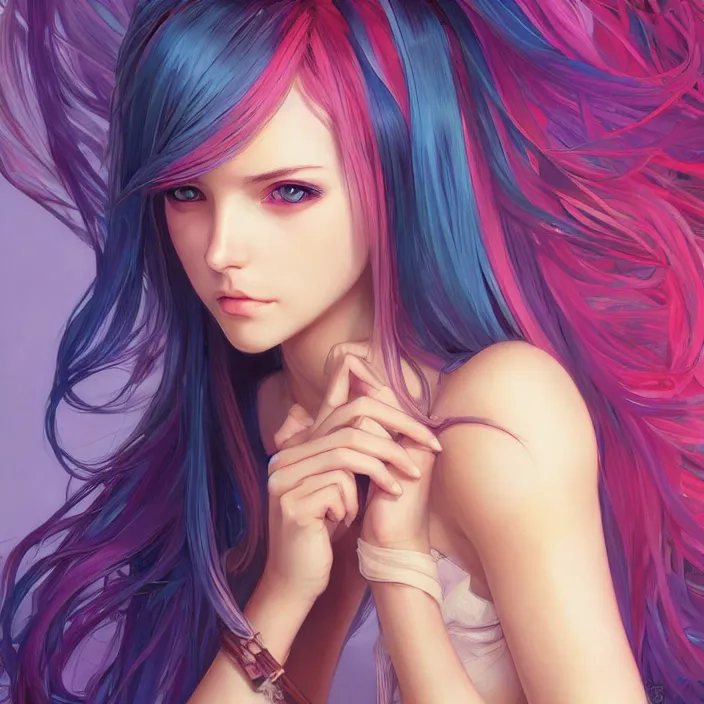 Image similar to portrait of beautiful symmetrical anime girl, rainbow hair, attractive, casual, modern, victoria's secret, highly detailed, digital painting, artstation, concept art, smooth, sharp focus, illustration, art by artgerm, greg rutkowski and alphonse mucha, 8 k,