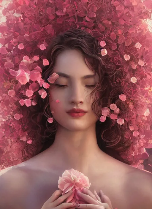 Image similar to stunningly beautiful face, prima ballerina in rose garden, symmetrical face, tutu, golden hour, smooth, focus, highly detailed, hyper realistic, ray tracing, dramatic lighting, elegant, intricate, concept art, art by wlop, mars ravelo, greg rutowski, artstation