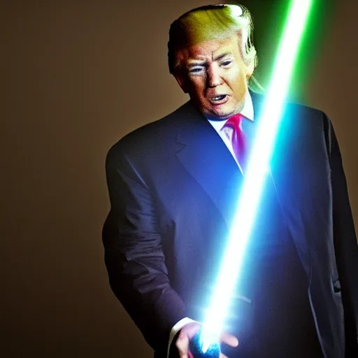 Image similar to donald trump with a lightsaber, dynamic lighting, highly detailed