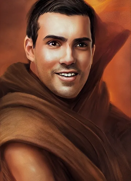 Image similar to a brown haired young eastern man with stubble, short hair, wearing brown jedi robes, smiling, close up, portrait style, star wars atmosphere, photographic print, artgerm, hyper - realistic