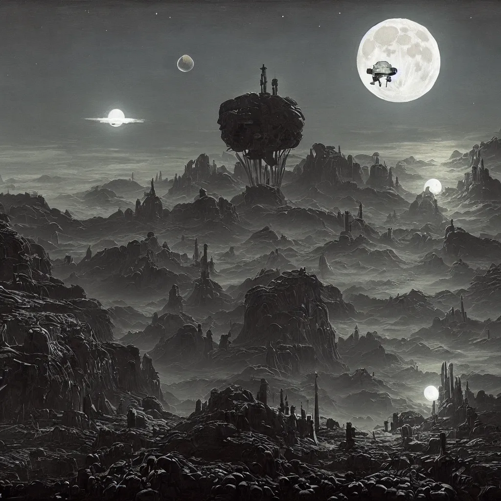 Image similar to a surreal and awe - inspiring science fiction landscape, moon in the sky looks like a skull, intricate, elegant, highly detailed matte painting by george bellows and simon stalenhag