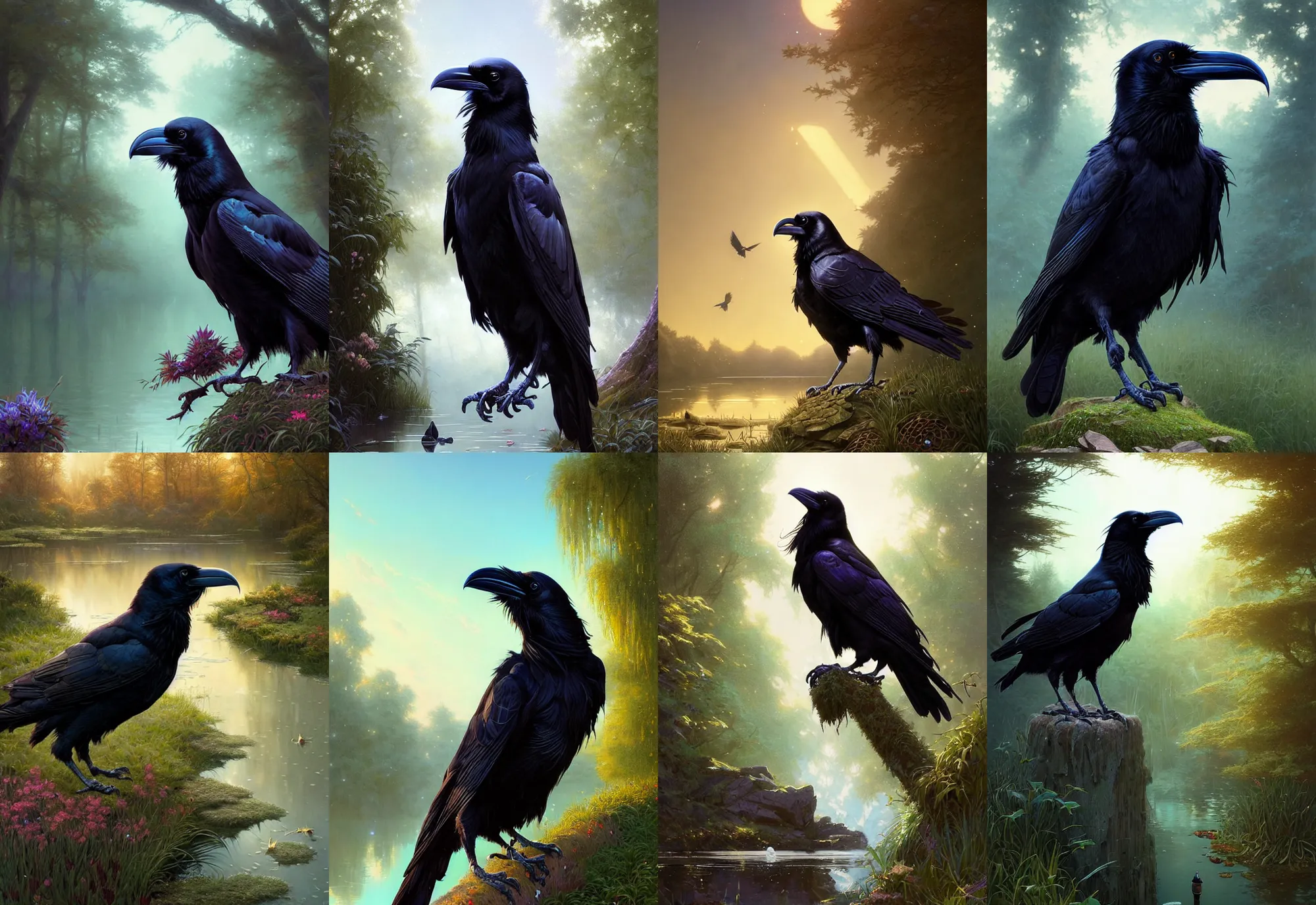 Prompt: highly detailed portrait of a raven near a pond, stephen bliss, unreal engine, fantasy art by greg rutkowski, loish, rhads, ferdinand knab, makoto shinkai and lois van baarle, ilya kuvshinov, rossdraws, tom bagshaw, alphonse mucha, global illumination, radiant light, detailed and intricate environment