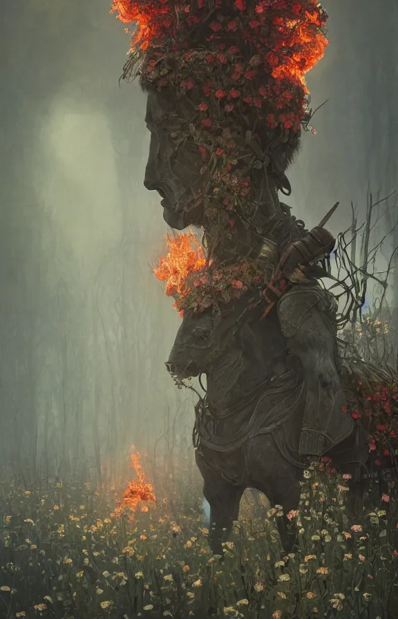 Image similar to portrait of a knight among flowers in dark forest, surrounded by fire and smoke, moody, rim light, dynamic lighting, cinematic shot, gritty, ultra - detail, renderman, physically based render, jean delville, gustave dore and marco mazzoni