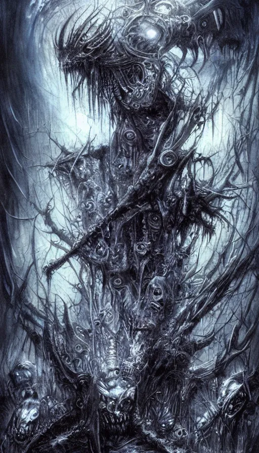 Image similar to a storm vortex made of many demonic eyes and teeth, by luis royo,