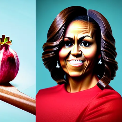 Image similar to cartoon fruit figurine that looks just like michelle obama as a pomegranate, 8 k, fruit eyes, fruit world, beautiful intricate painting, hyper realistic, studio lighting, octane render