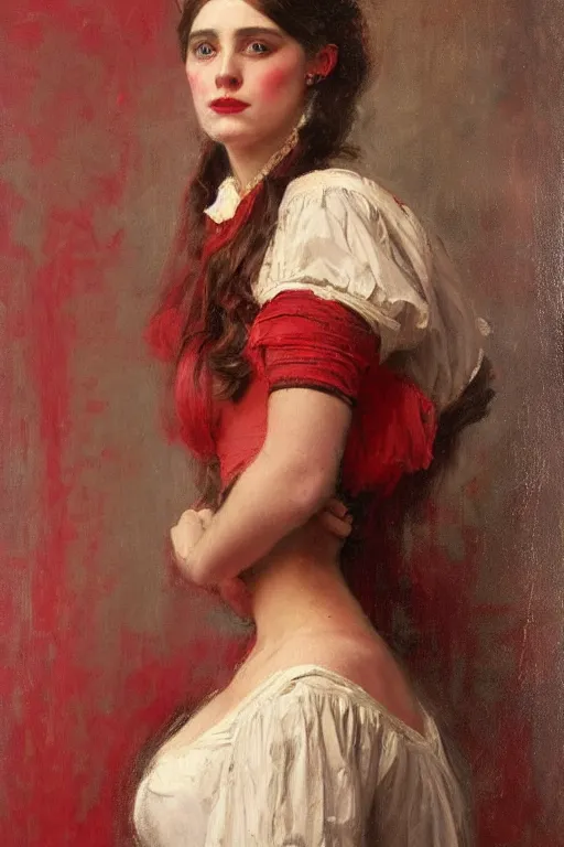 Image similar to Solomon Joseph Solomon and Richard Schmid and Jeremy Lipking victorian genre painting full length portrait painting of a young beautiful woman traditional german barmaid in fantasy costume, red background