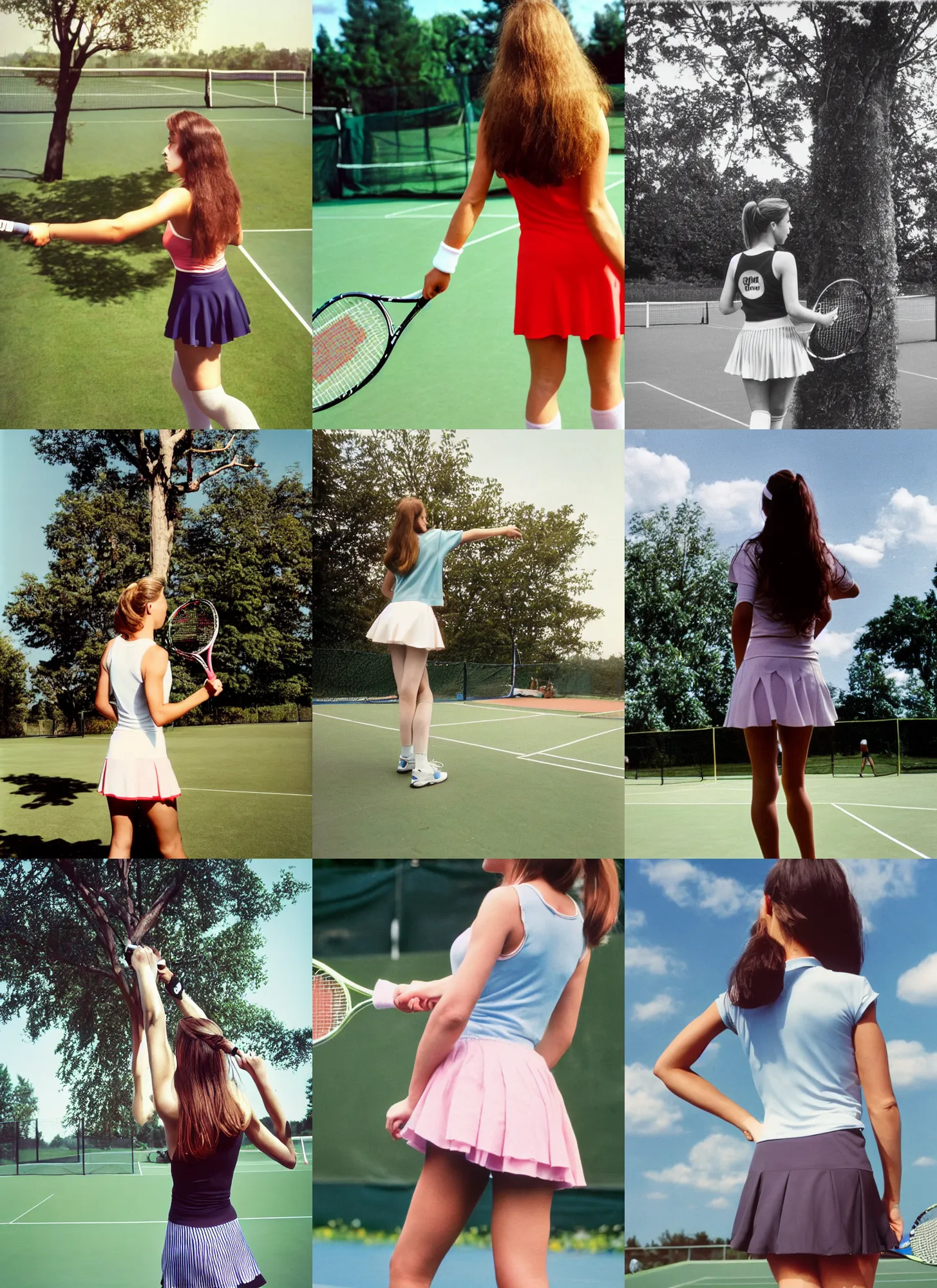 Prompt: A woman, tennis wear, mini-skirt, long hair, tights, sky, tree; on the tennis coat, summer; 90's professional color photograph, close up, view from behind,