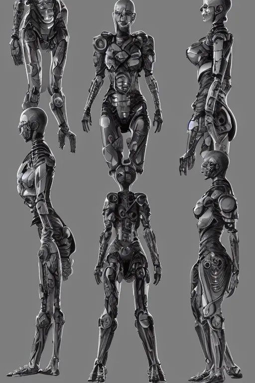 Image similar to cyborg norse goddess with gunmetal grey skin, medical anatomy, very symmetrical face, highly detailed, japanese mecha, three - perspective / three - view reference sheet ( front / back / side ), in the style of dan ouellette, dren from splice, hr giger, sil from species, artstation, unreal engine