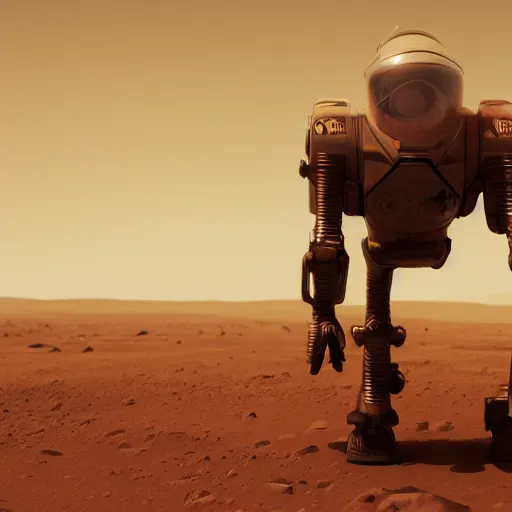 Prompt: a mech walking in the surface of mars ,octane render, trending on artstation,8k , cinematic lighting
