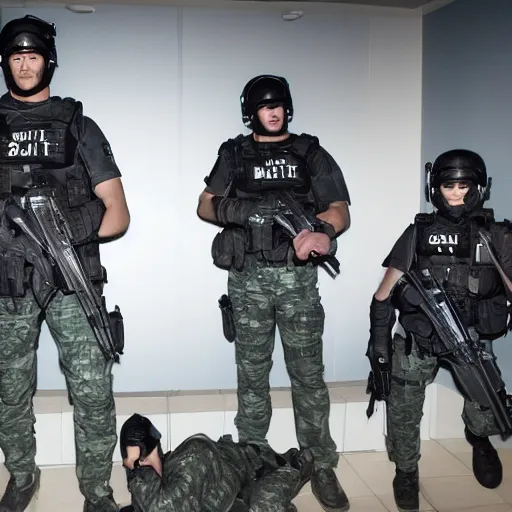 Prompt: An elite swat team in a dark hotel