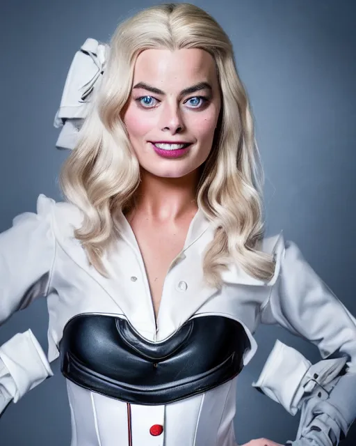 Image similar to A portrait of a margot robbie in a cosplay uniform, piercing eyes, highly detailed, bokeh, professional photograph, full body shot 4K, HD