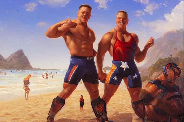 Prompt: portrait of american gladiators malibu and nitro on the beach, an oil painting by ross tran and thomas kincade