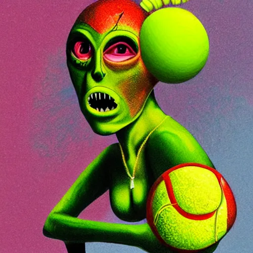 Prompt: a female tennis ball monster, digital art, fantasy, magic, trending on artstation, ultra detailed, professional illustration by Basil Gogos