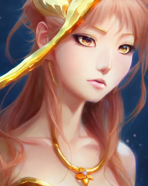 Image similar to character concept art of an anime goddess of gold and precious gems | | cute - fine - face, gossamer clothing, pretty face, realistic shaded perfect face, fine details by stanley artgerm lau, wlop, rossdraws, james jean, andrei riabovitchev, marc simonetti, and sakimichan, tranding on artstation