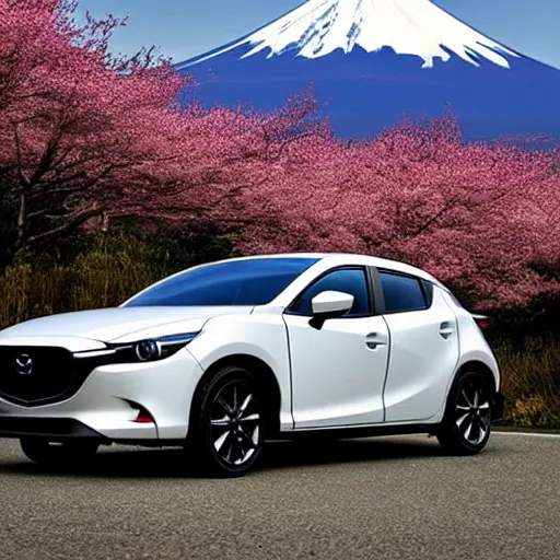 Prompt: a jdm mazda rx fused into hover craft 2 0 8 9 futuristic version, cyberpunk look hovering by mount fuji early in the morning with a few blossom trees around, high quality photo