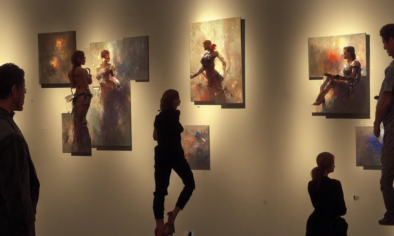 Image similar to photorealistic painting by craig mullins. a cyborg in an art gallery looking at a painting of a beautiful woman staring back at the cyborg. intricate details