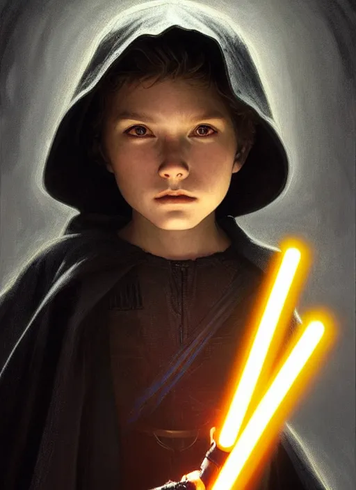 Image similar to perfectly - centered - portrait of a kid wearing black cloak holding light saber, intricate, highly detailed, digital painting, artstation, concept art, smooth, sharp focus, illustration, unreal engine 5, 8 k, art by artgerm and greg rutkowski and alphonse mucha