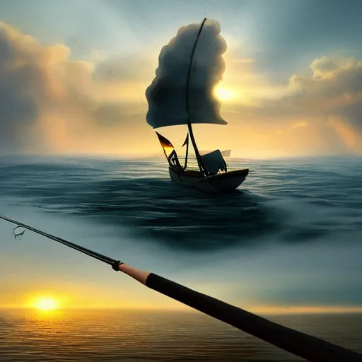 Prompt: of a Surrealist matte painting inside of a boat floating on the clouds, holding a fishing cane at sunrise,artstation,8k