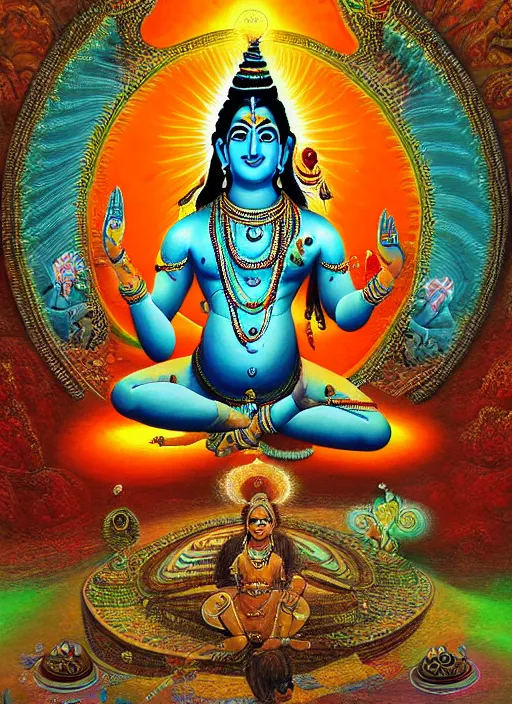 Image similar to digital visionary painting, hindu art, masterpiece, lord shiva creates the world with his primordial om, realistic, highly detailed, post produced