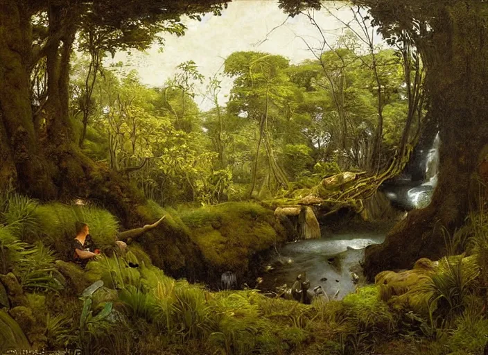 Image similar to enchanged forest. looking down into hole. waterfall to a tranquil pond and with a sandy beach. edgar maxence and caravaggio and michael whelan and delacroix style, artistic, intricate painting, cinematic lighting, hyper realistic, extremely detailed, vivid colors, establishing shot, dramatic lighting. rocky sides ( lush patches of moss and ferns ). rough stone stairway