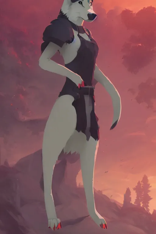 Image similar to wolf fursona, a full body portrait of a the sellsword marissa bell, short red hair, fantasy, makoto shinkai, james gilleard, very detailed, matte, gaussian blur