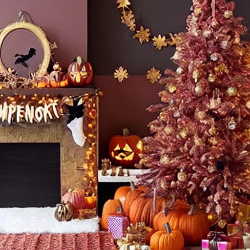 Image similar to homemade pink and gold halloween themed christmas bedroom ideas, high resolution, creative, visually appealling