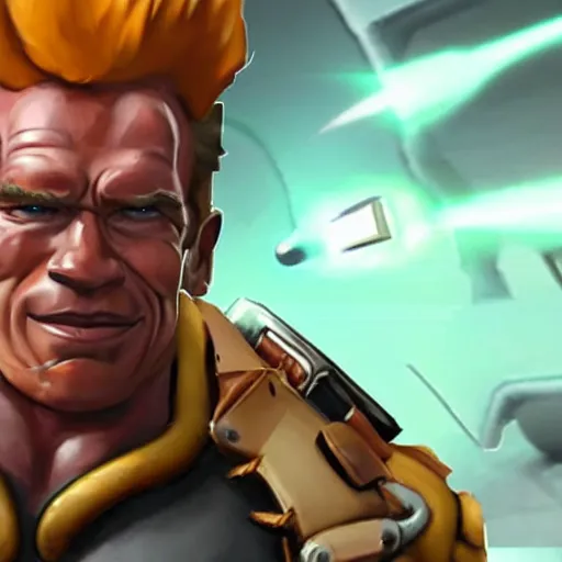 Image similar to a screenshot of arnold schwarzenegger as junkrat in overwatch