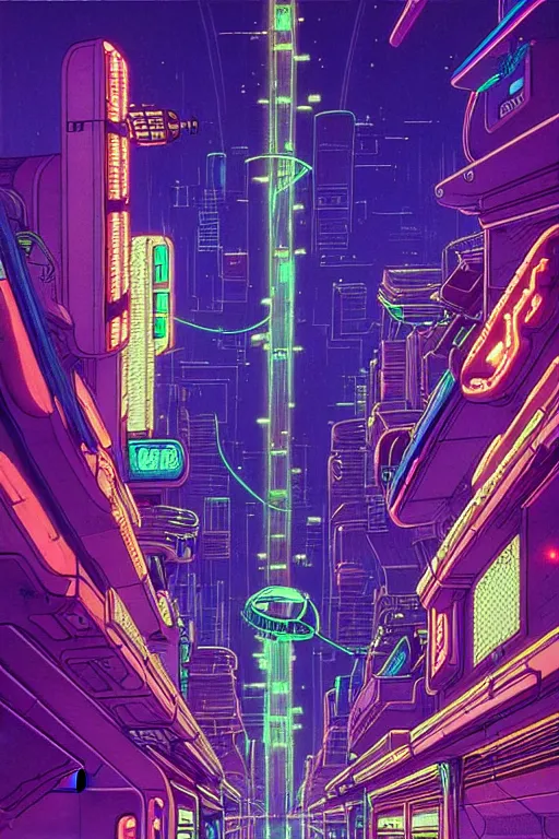 Image similar to astronaut cyberpunk surreal upside down city neon lights by moebius,