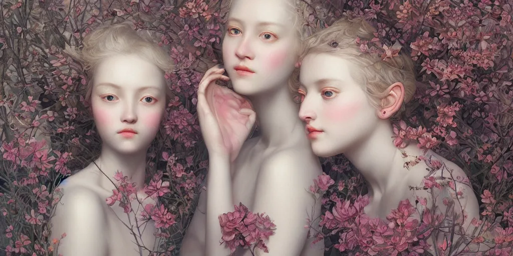 Prompt: breathtaking detailed concept art painting pattern of blonde short hair faces weird girls with anxious piercing eyes and blend of flowers and birds, by hsiao - ron cheng and john james audubon, bizarre compositions, exquisite detail, extremely moody lighting, 8 k