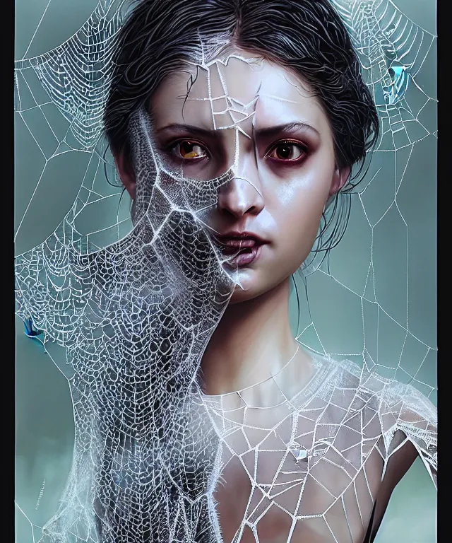 Prompt: realistic portrait of a gorgeous woman fused with a lovecraftian spider, spiderwebs, wearing ornate vintage white silk, still from a movie by Terrence Malick, Tarkovsky, Gaspar Noe, James Cameron, intricate artwork by Tooth Wu and wlop and beeple, greg rutkowski, very coherent symmetrical artwork, cinematic, hyper realism, high detail, octane render, rim light, unreal engine, 8k, Vibrant colors, Smooth gradients, High contrast, depth of field