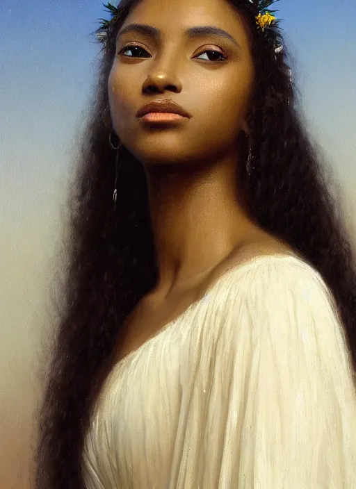 Image similar to oil painting close up portrait of a serene young black woman with long dark flowing hair in a white dress, wearing a crown of wildflowers!! at sunset, hazy, digital art, chiaroscuro, artstation, cinematic, golden hour, digital art painting by greg rutkowski, william - adolphe bouguereau, hazy atmosphere, cinematic lighting