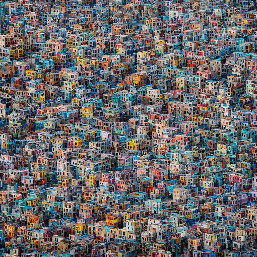 Image similar to close - up swirling towers made up of colourful makeshift squatter shacks, faded colours, neutral sky, dystopia, mamiya, very detailed, ultra sharp, photographed by john chiara and ansel adams