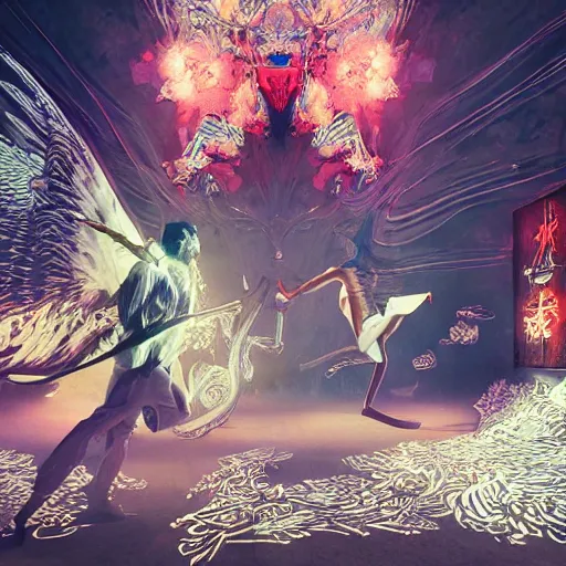 Image similar to angel versus devil, an ultrafine detailed illustration by james jean, gta 5 final fantasy, bright colors, behance contest winner, vanitas, angular, altermodern, unreal engine 5 highly rendered, global illumination, radiant light, detailed and intricate environment