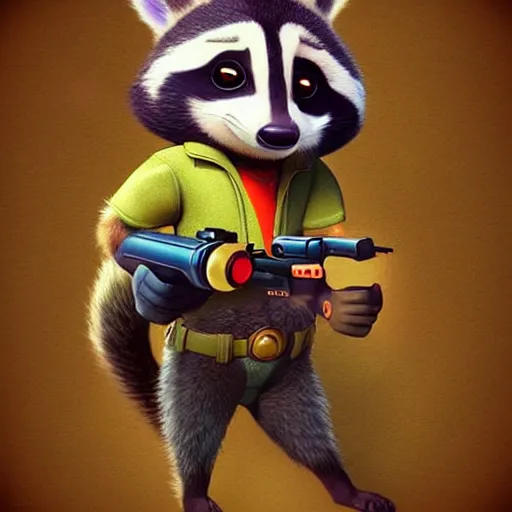 Image similar to “ racoon in the style of zootopia holding laser gun, floating alone, with a black background, digital art, award winning, trending on art station, retro style ”