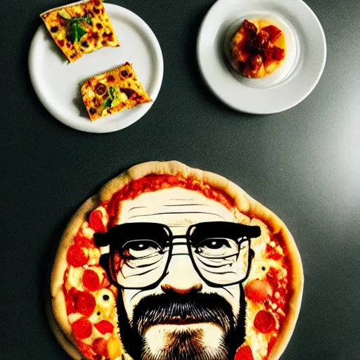 Prompt: a photo of a walter white face in a insect pizza, food photo, professional food photo, iphone, 4 k