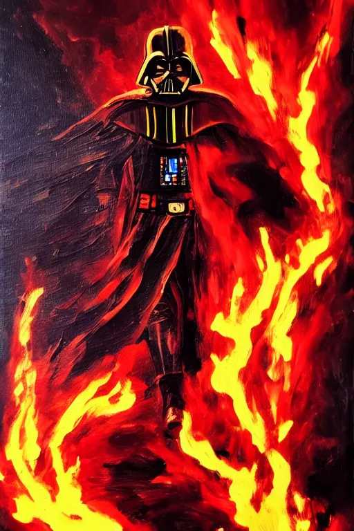 Image similar to anakin skywalker emerging from a ocean of flames. he is wearing darth vader's suit. he has a lightsaber in his right hands and clenches the left hand as a fist. detailed portrait. oil painting. motion blur. visible brushstrokes