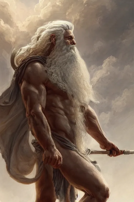 Image similar to painted portrait of rugged zeus, god of thunder, greek god, white hair, masculine, mature, handsome, upper body, muscular, hairy torso, fantasy, intricate, elegant, highly detailed, digital painting, artstation, concept art, smooth, sharp focus, illustration, art by gaston bussiere and greg rutkowski