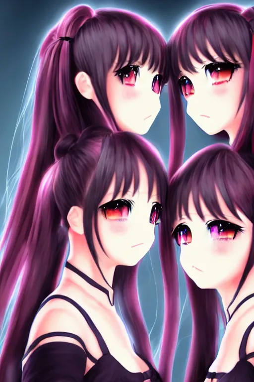 Image similar to two beautiful female idols with twintails facing each other, dark background, detailed anime art