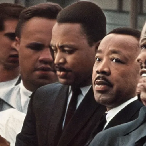 Prompt: a still of ryan gosling playing martin luther king in a biopic surrounded by civil rights leaders, 4 k, film footage, highly detailed, screencap