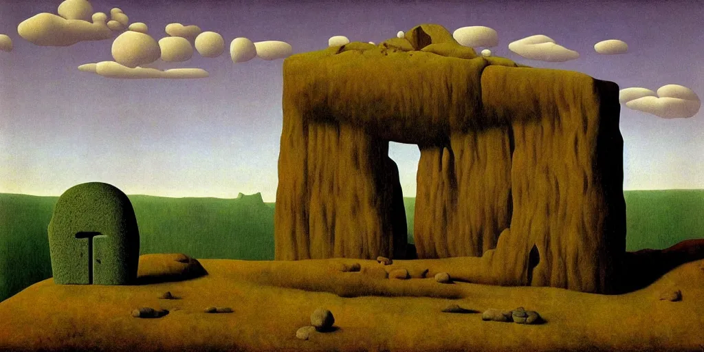 Image similar to Megalithic Monolithic in taiga landscape by Richard Corben, by René Magritte, surrealism, gothic, baroque