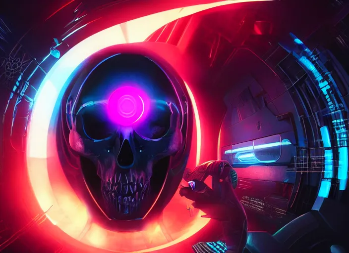 Image similar to a futuristic skull with glowing eyes and a wormhole tunnel, cyberpunk art by ross tran, behance contest winner, computer art, darksynth, synthwave, rendered in cinema 4 d