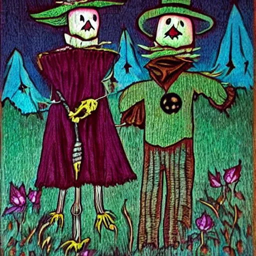 Prompt: scarecrow and a ghost are drinking red wine in a fancy restaurant. folk horror art style. day glo colours. highly detailed.