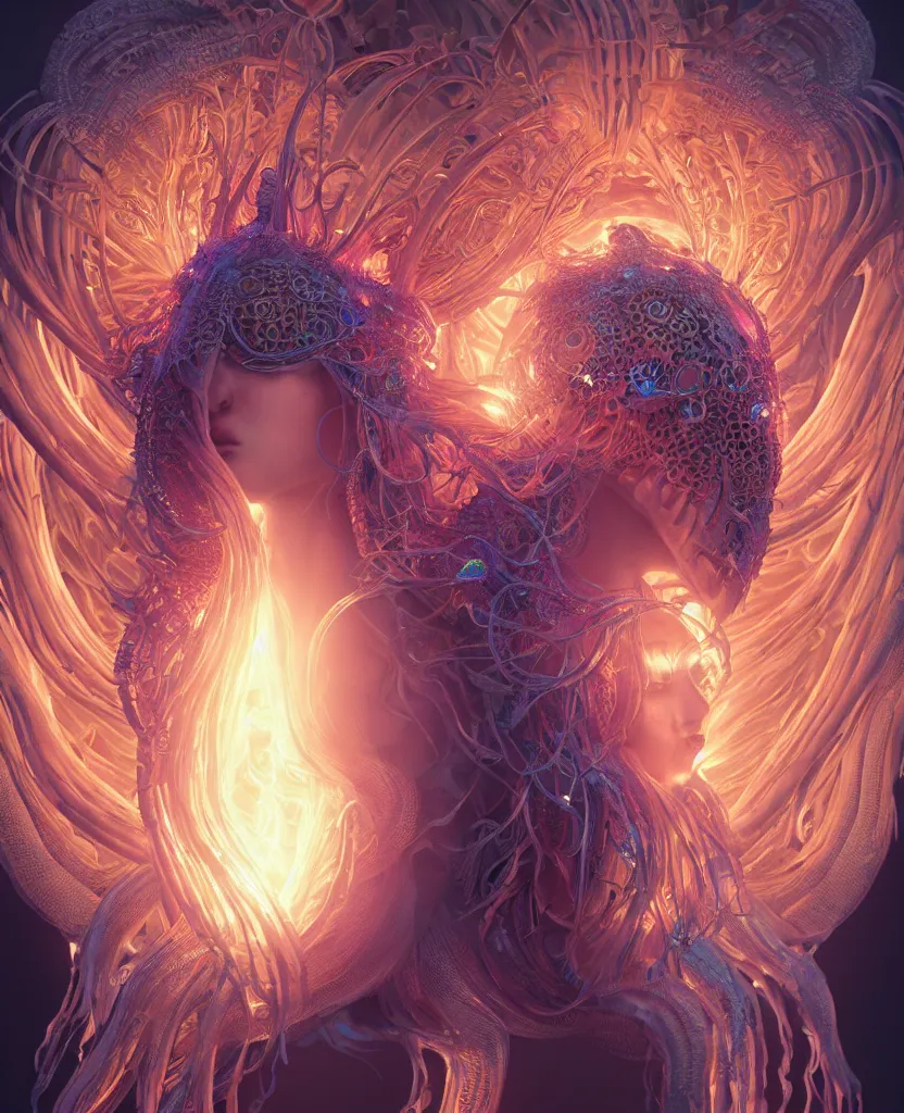 Prompt: goddess portrait. jellyfish butterfly phoenix head, dragon knight iridescent 3d mask. bio-mechanical bio-luminescence, intricate artwork by Tooth Wu and wlop and beeple. octane render, trending on artstation, greg rutkowski very coherent symmetrical artwork. cinematic, hyper realism, high detail, octane render, 8k