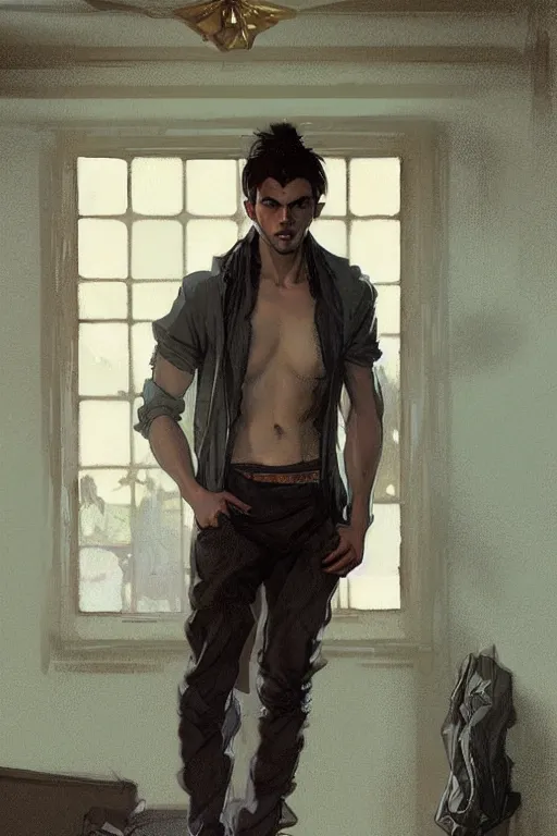 Image similar to full body portrait of a single beautiful young fit man, modern haircut, open shirt, large pants, bare feet, by greg rutkowski and alphonse mucha, d & d character, in front of a modern room background, highly detailed portrait, digital painting, artstation, concept art, smooth, sharp focus ilustration, artstation hq