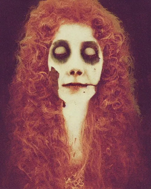 Image similar to an instant photo of a beautiful but sinister ghost in layers of fear, with haunted eyes and curly hair, 1 9 7 0 s, seventies, delicate embellishments, a little blood, crimson, painterly, offset printing technique, mary jane ansell