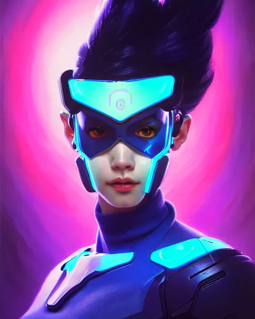 Prompt: echo from overwatch, thai, blue holographic face, elegant, colorful, fantasy, fantasy art, character portrait, portrait, close up, highly detailed, intricate detail, amazing detail, sharp focus, vintage fantasy art, vintage sci - fi art, radiant light, caustics, by boris vallejo