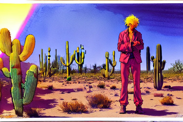 Prompt: a hyperrealist watercolour character concept art portrait of shadow figure, there is a strange light in the sky, utah desert highway. roses. neon lights. cactus. by rebecca guay, michael kaluta, charles vess and jean moebius giraud