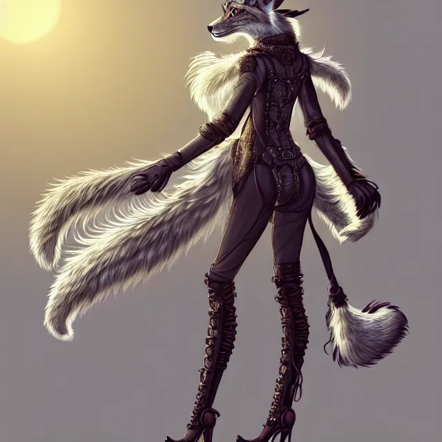 Image similar to the full body of anthropomorphic lynx fursona from behind wearing a steampunk suit as unimaginably beautiful, gorgeous, elegant, young woman with lynx head, an ultrafine hyperdetailed illustration by furaffinity, intricate linework, white fur, unreal engine 5 highly rendered, global illumination, radiant light, detailed and intricate environment, no feral, no taur