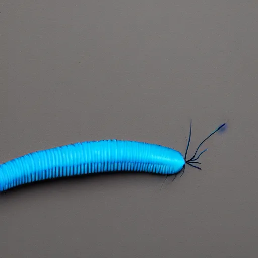 Image similar to studio photograph of a matte dark gray worm with a neon blue head and tail