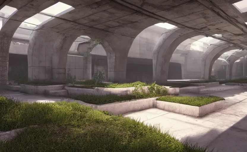 Image similar to screenshot of game on unreal engine 5, in a liminal underground garden, photorealistic, retrofuturism, brutalism, staggered terraces, minimalist, soft vintage glow